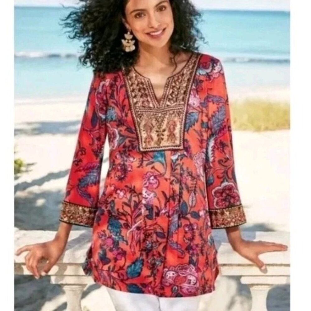 Soft Surroundings Samara Embellished Paisley Beaded Tunic Blouse Size 3X NWOT